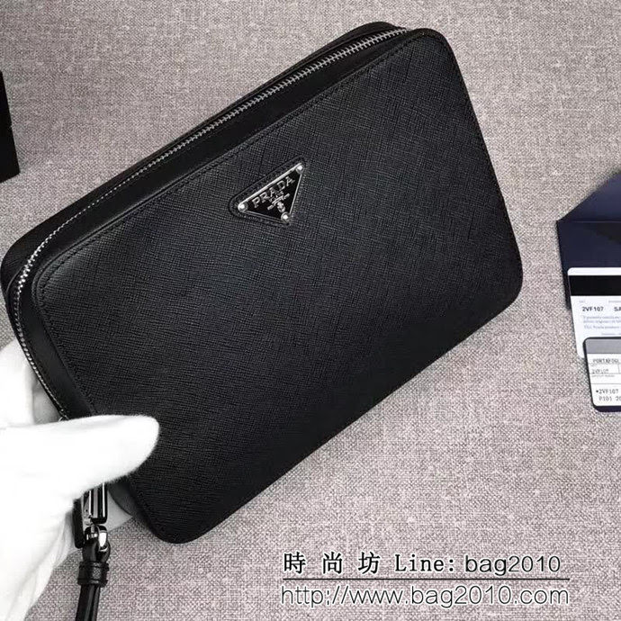 PRADA普拉達 專櫃同步 最新款式 頂級原單十字紋牛皮 男士手包 2VF017 DD1379